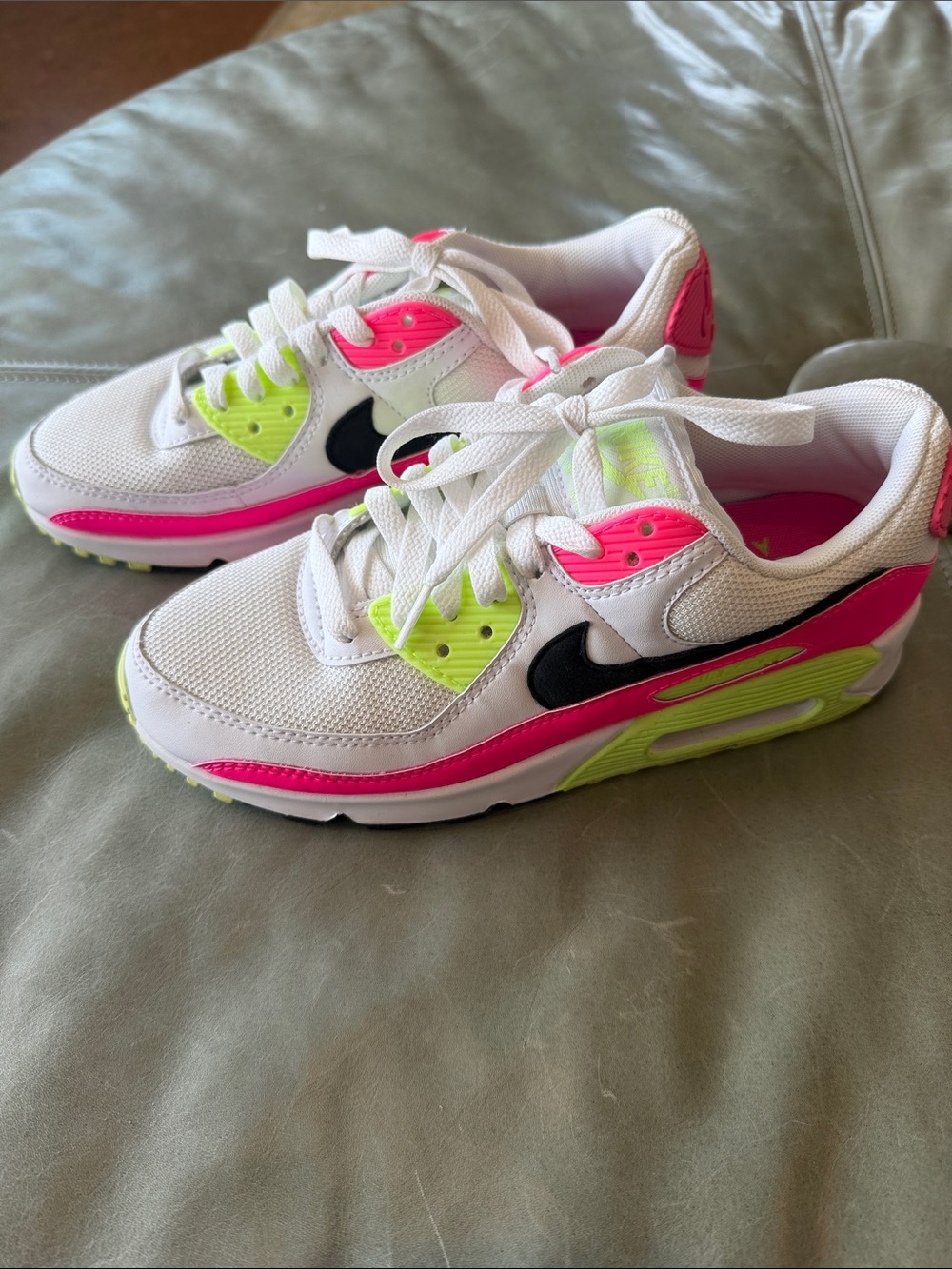 Nike Kids White Sneakers with Pink and Neon Green Accents